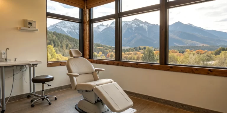 Dental exam chair with a mountain view for a consultation on all-on-4 dental implants cost.