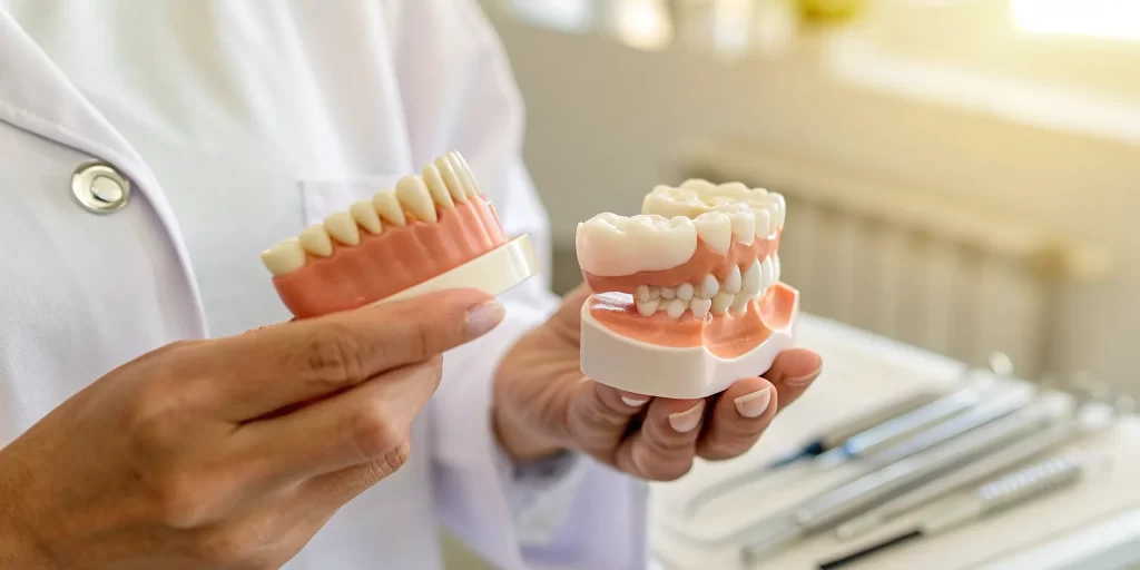 Dental models comparing the pros and cons of dentures vs implants.