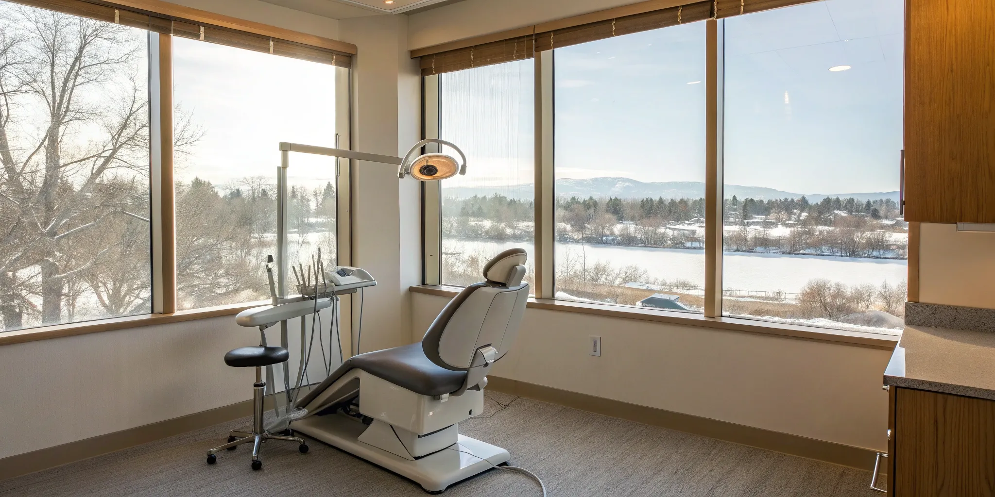 A dental office chair where the total cost for 1 tooth implant is calculated.