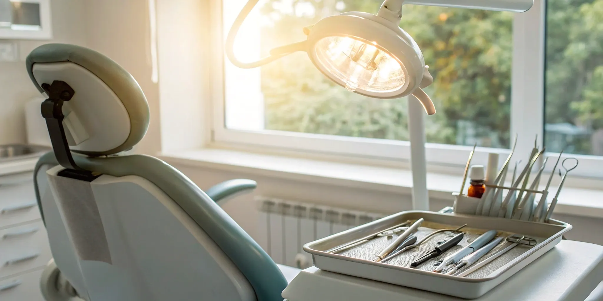 Cost of 2 dental implants with bone grafting, with the necessary surgical tools on a clinic tray.