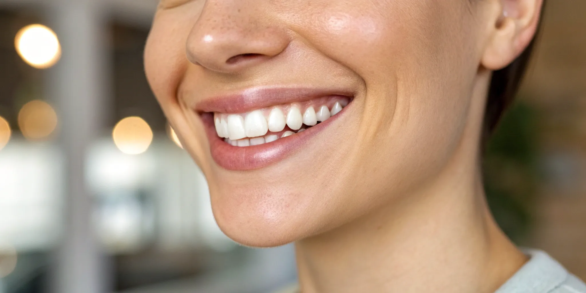A person's bright smile after getting two front teeth veneers, a procedure involving cost and insurance.