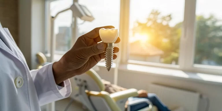 A dentist explains the cost of 4 teeth implants using a dental model.