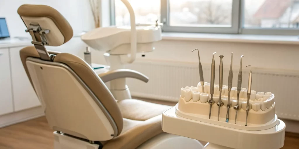 Dental model and tools comparing all-on-4 implants vs full mouth reconstruction.