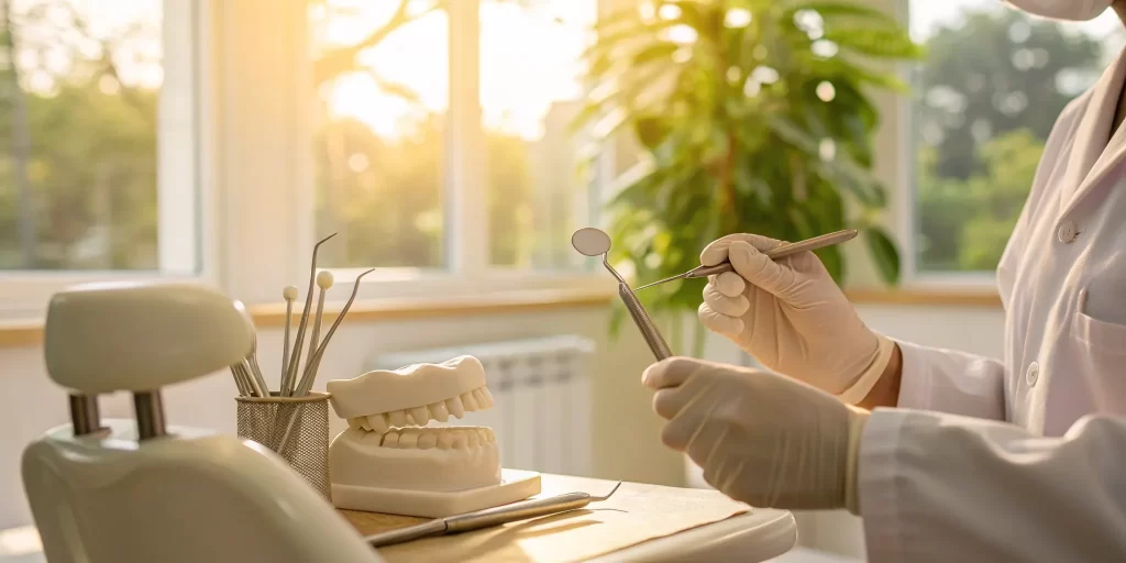 Dentist with dental tools and a tooth model, explaining options to fix a chipped tooth.