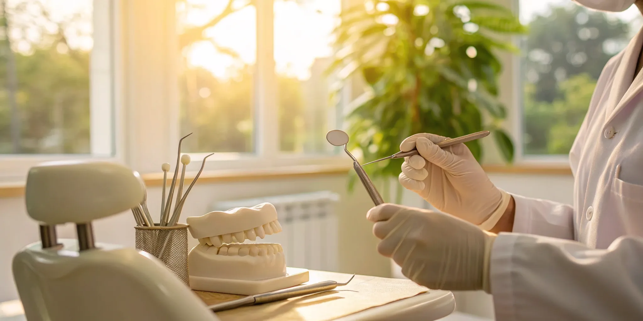 Dentist with dental tools and a tooth model, explaining options to fix a chipped tooth.