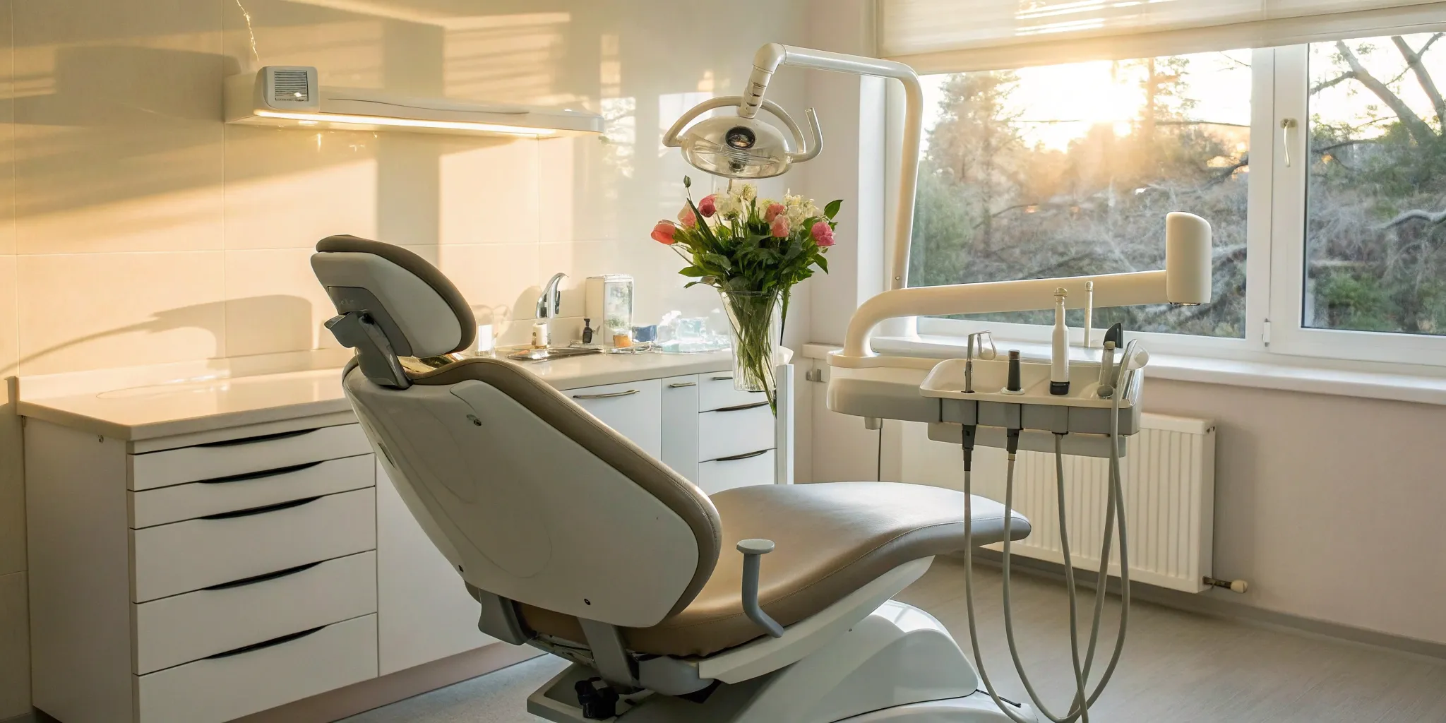 A dentist's office exam chair and tools used for how to fix a cracked tooth.