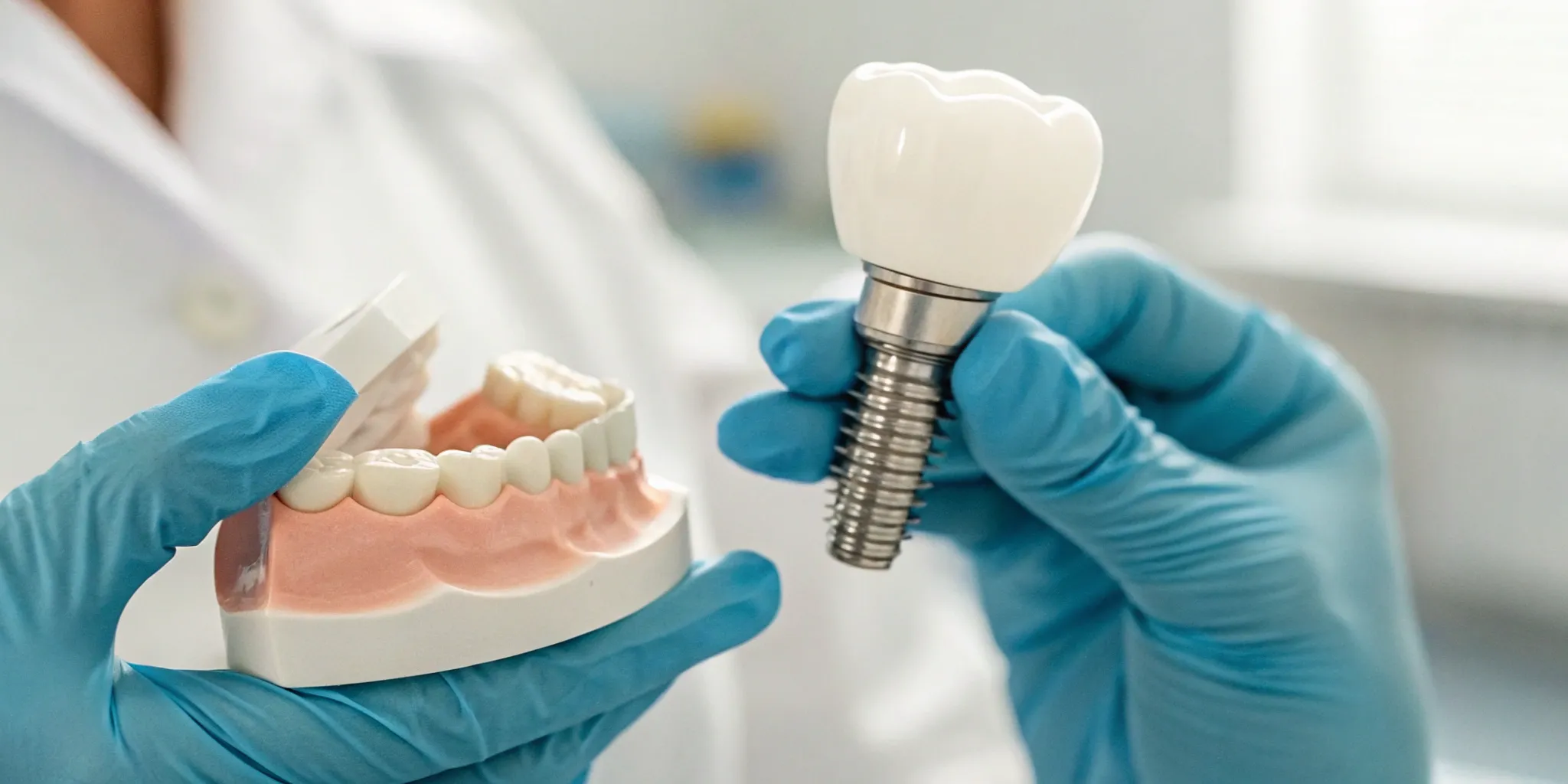 Dental professional holding a jaw model to explain the cost of teeth in a day.
