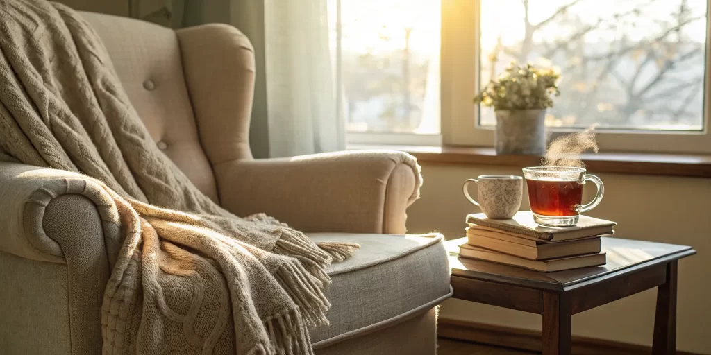 Cozy chair and blanket for resting during wisdom teeth removal aftercare.