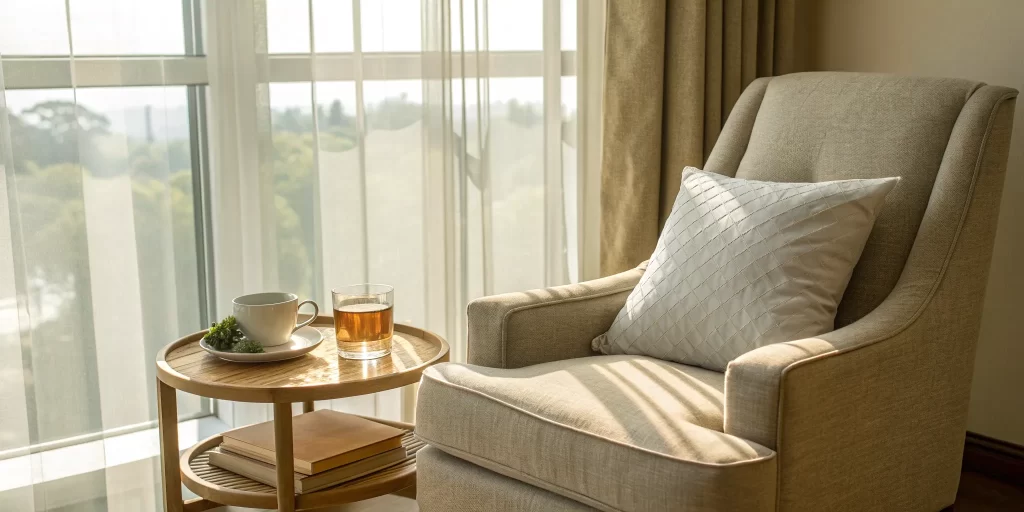 An armchair and pillow creating a comfortable space, a key 'do' after wisdom tooth extraction.