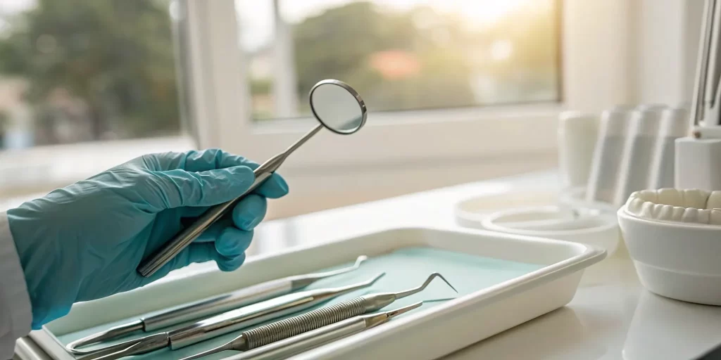 Dentist using periodontal instruments for advanced periodontal disease treatment.