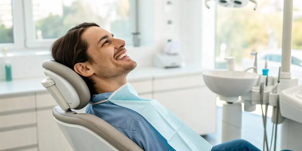 Man in a dental chair smiling about his affordable dental implants in Denver.