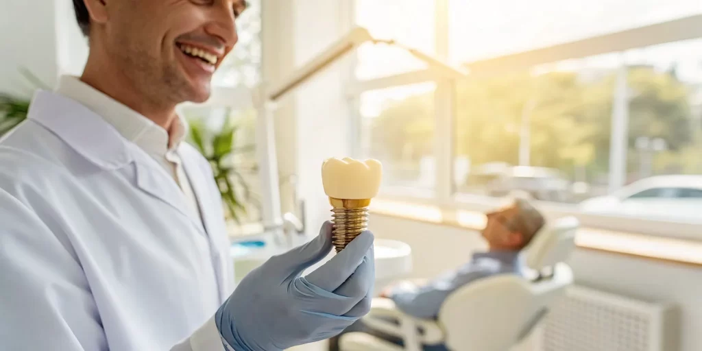 Dentist explaining the cost of all-on-4 dental implants in Denver with a model.