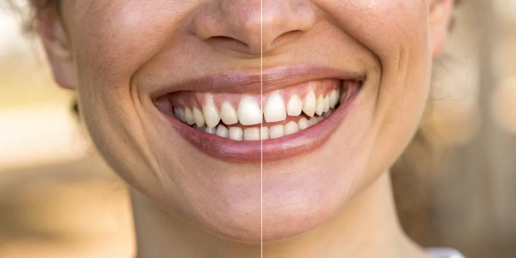 A patient's smile before and after treatment with full arch dental implants.