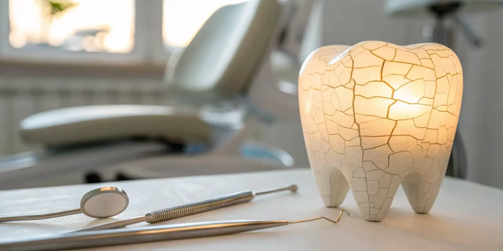 Examining a cracked tooth after a root canal to see if it can be saved.