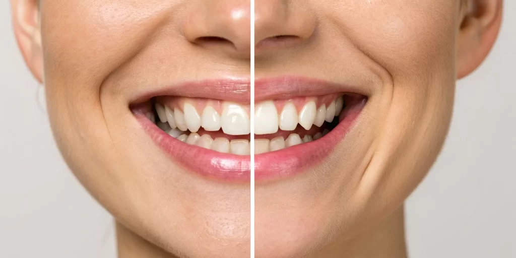 Before and after images of a smile transformed by dental implants.