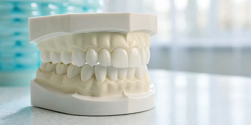 Dental model of a smile showing how many teeth make up a full set of veneers.