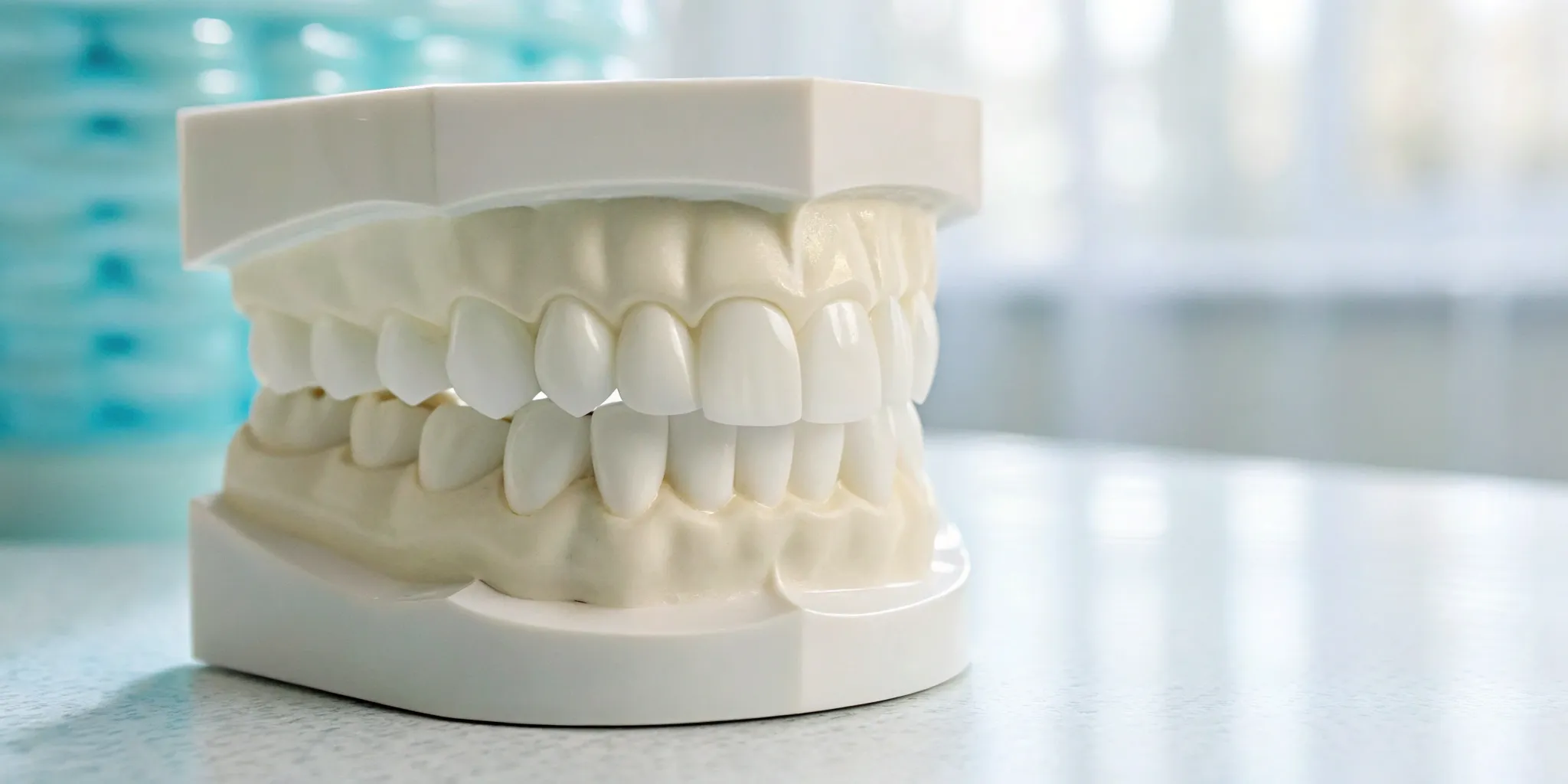 Dental model of a smile showing how many teeth make up a full set of veneers.