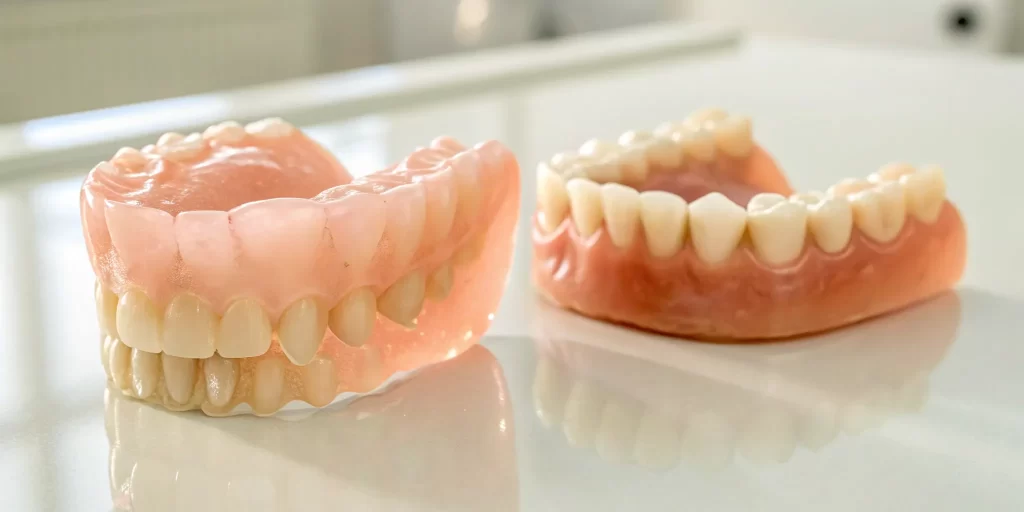 Before and after pictures of a smile transformed by a set of high-quality dentures.