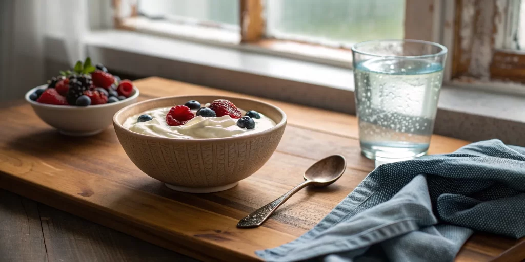 A bowl of yogurt with berries is a soft food to eat after wisdom teeth removal.