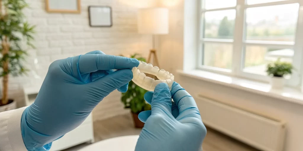 A Colorado dentist holding a set of affordable dental veneers.