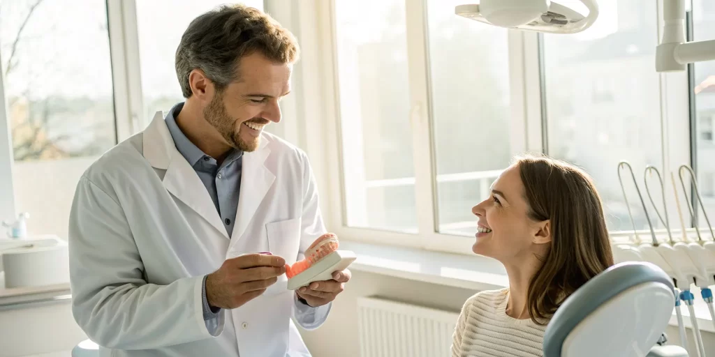 Dentist explaining an affordable full mouth reconstruction plan to a patient.