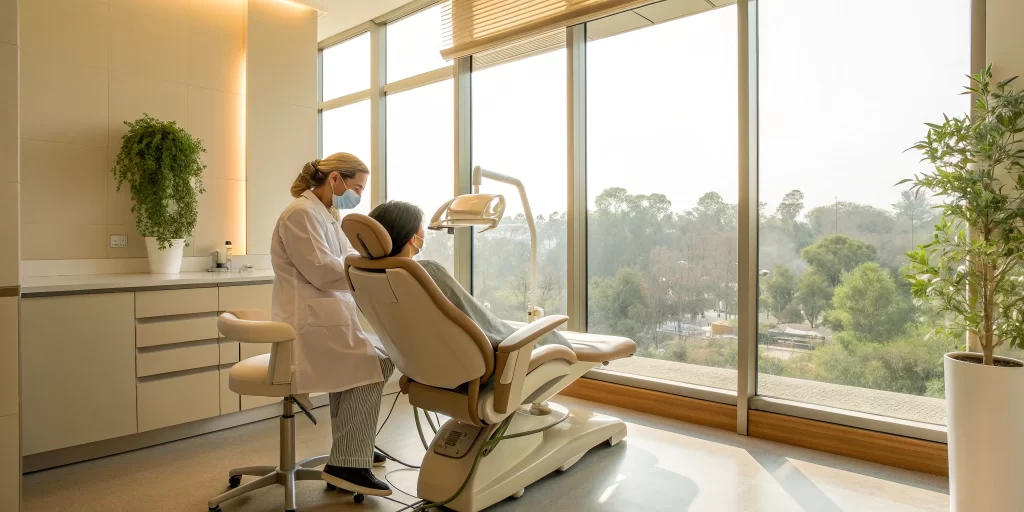 Patient consultation for full arch dental implants at a modern dental office in Cherry Creek.
