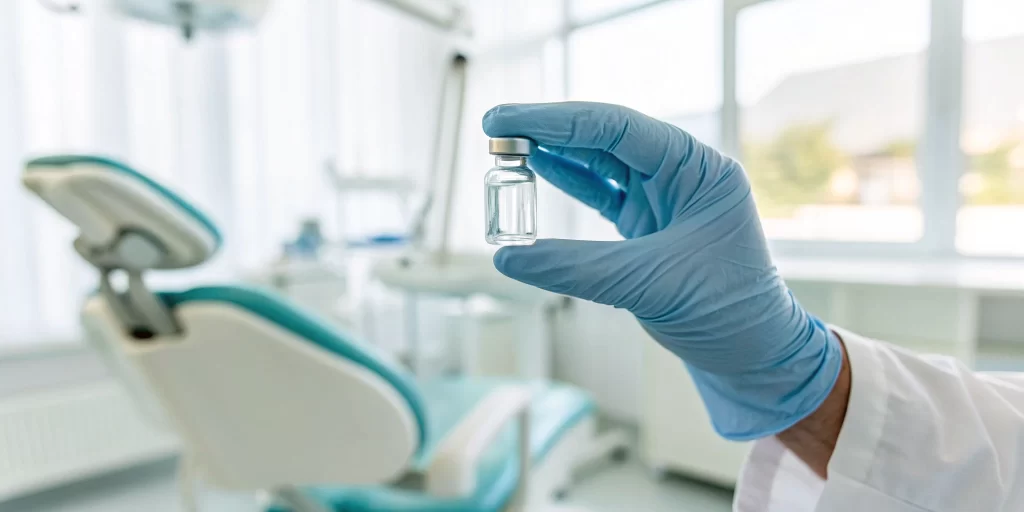 A dentist prepares an antibiotic treatment for periodontal disease.