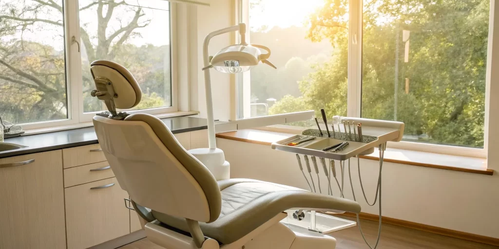 A prosthodontist's treatment room prepared for an all-on-4 dental implants procedure.