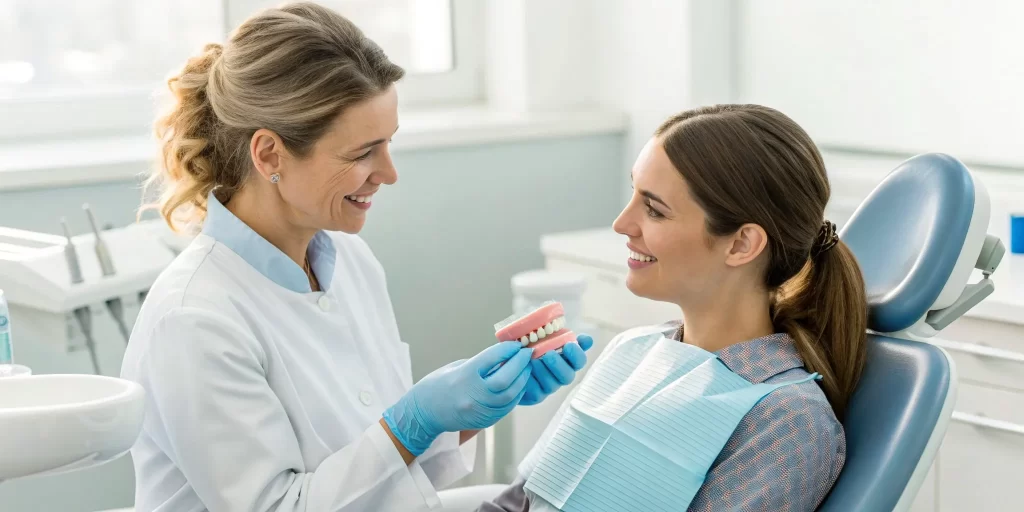 Dentist explaining the cost of a same-day tooth extraction and implant to a patient.